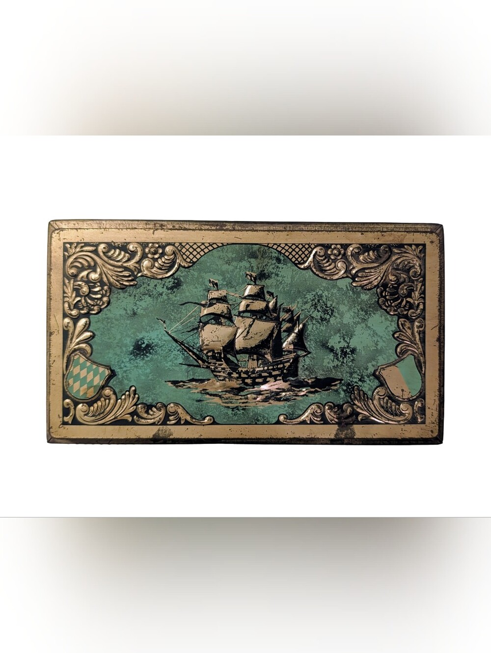 Vintage MCM Tin Chest Hinged Gold Teal Embossed Clipper Ship Nautical Maritime
